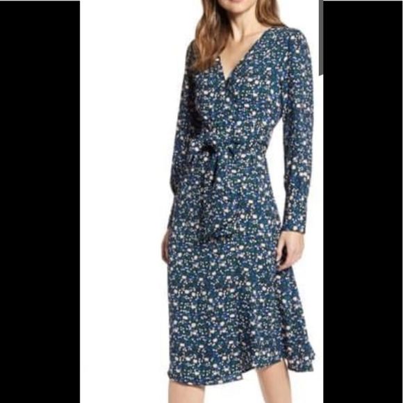 halogen long sleeve wrap midi dress